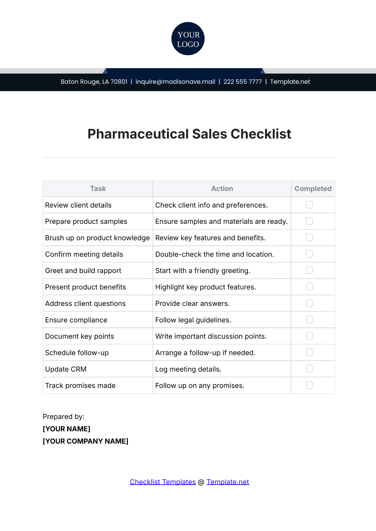 Pharmaceutical Sales Checklist Template - Edit Online & Download