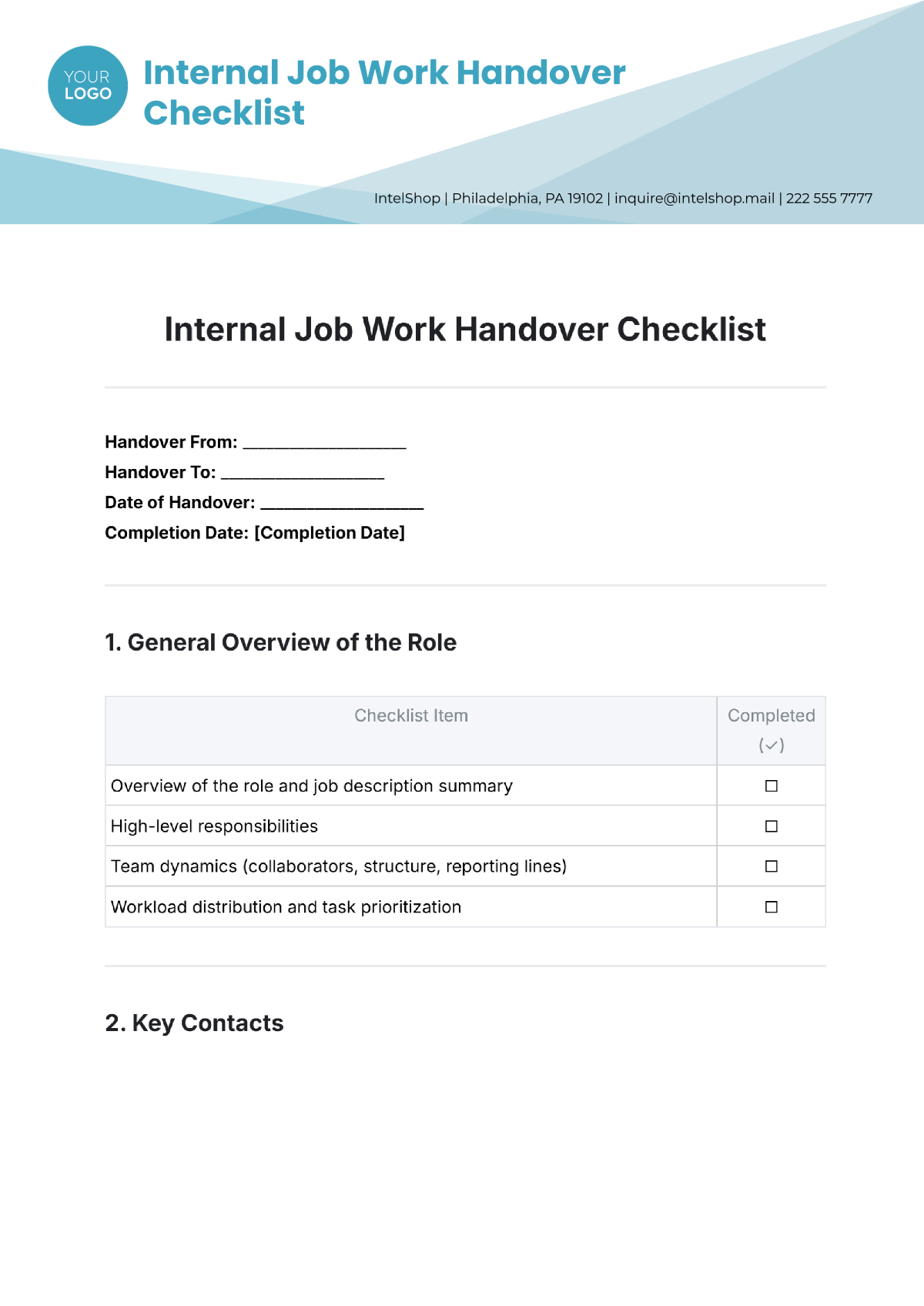 Internal Job Work Handover Checklist Template - Edit Online & Download