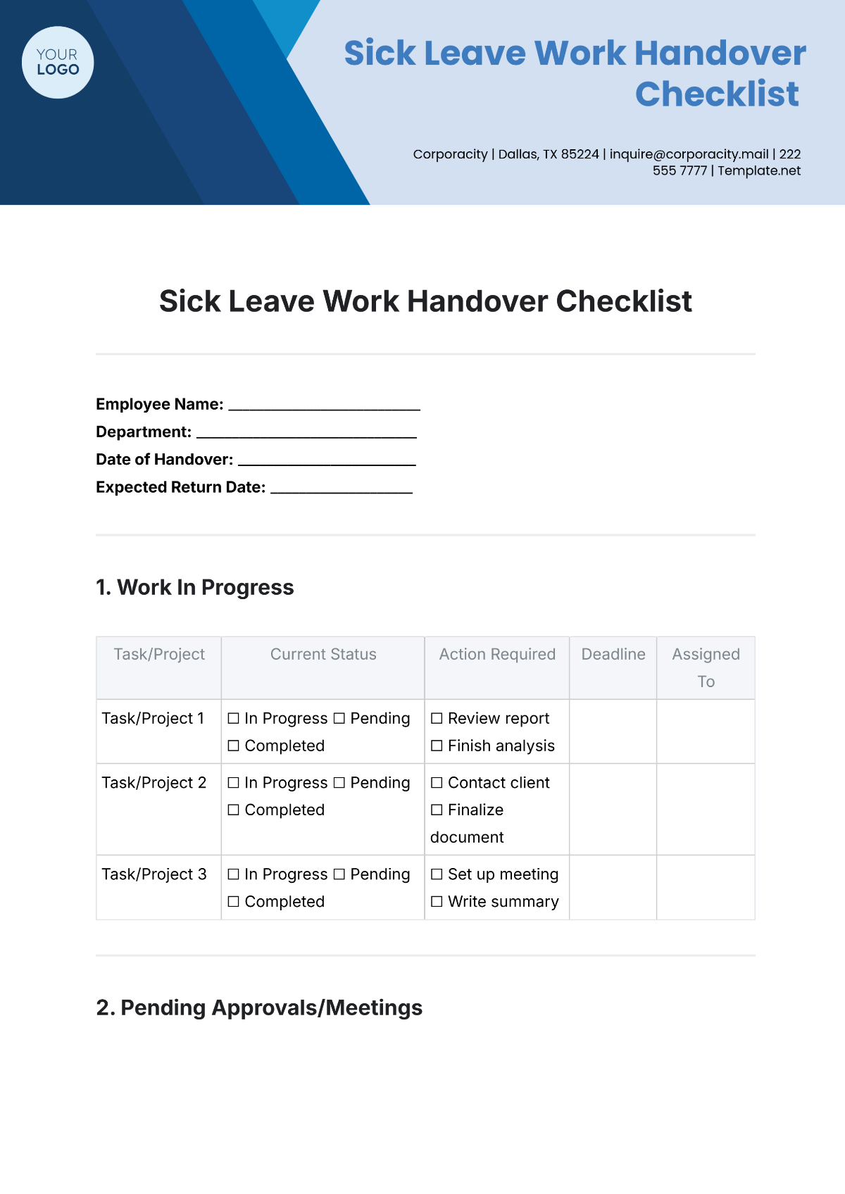 Sick Leave Work Handover Checklist Template - Edit Online & Download