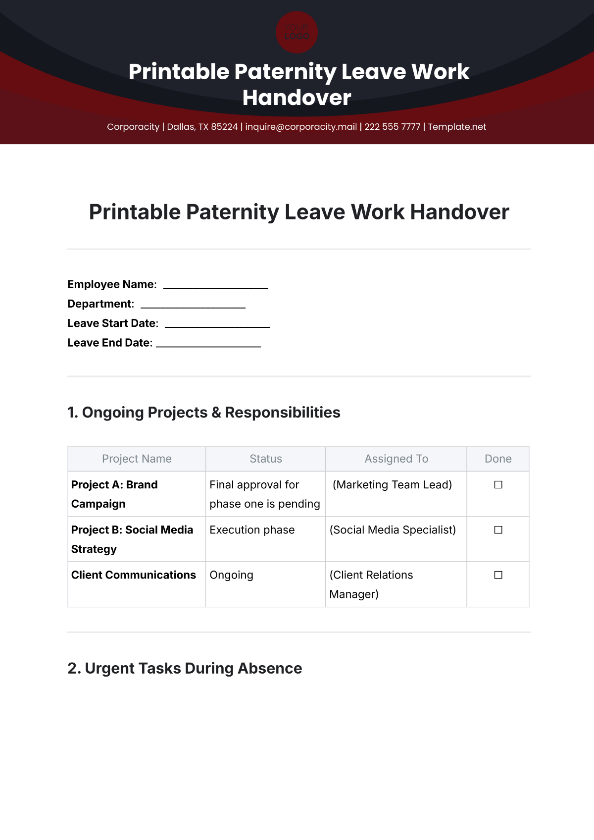 Printable Paternity Leave Work Handover Template - Edit Online & Download