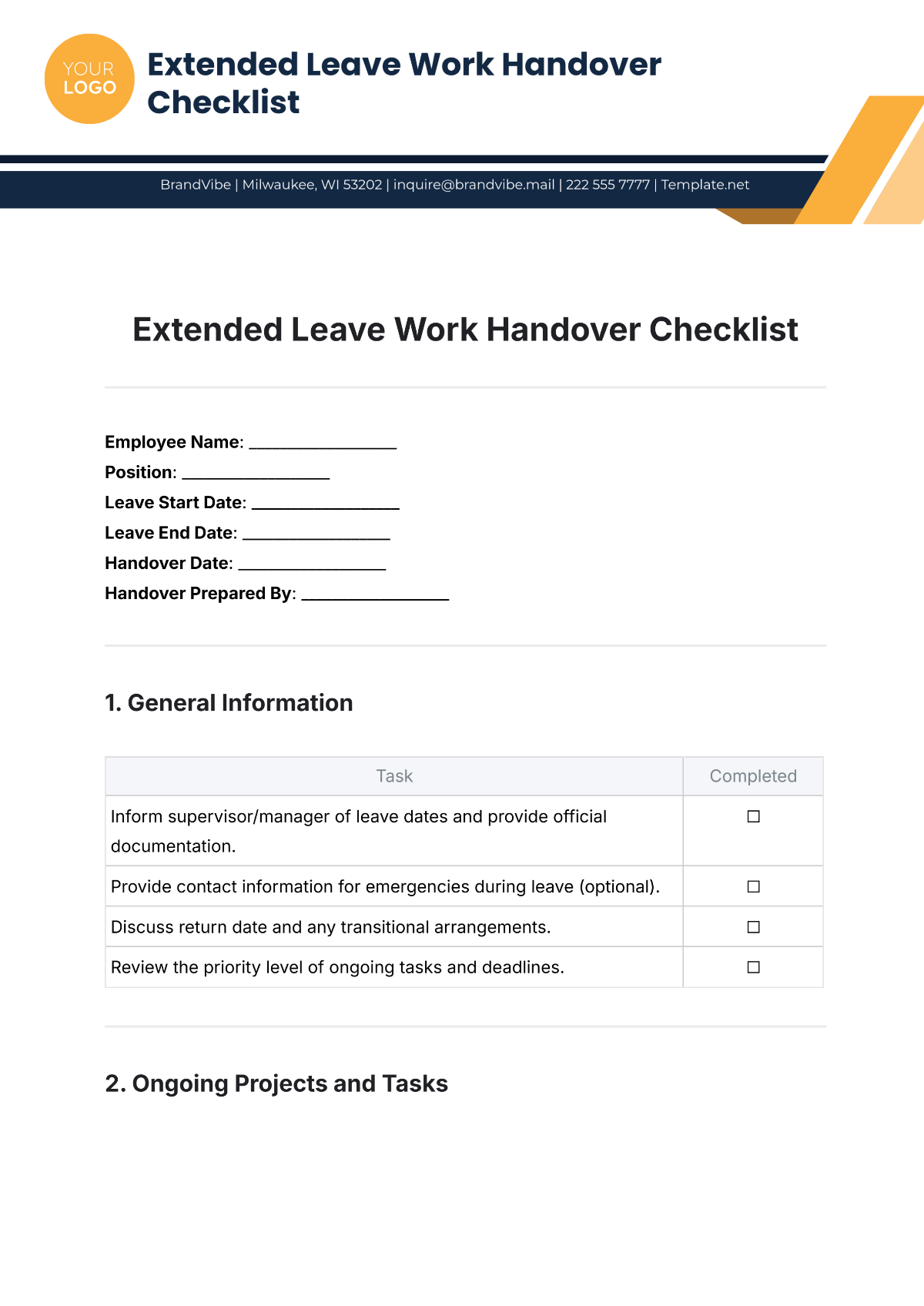 Extended Leave Work Handover Checklist Template - Edit Online & Download