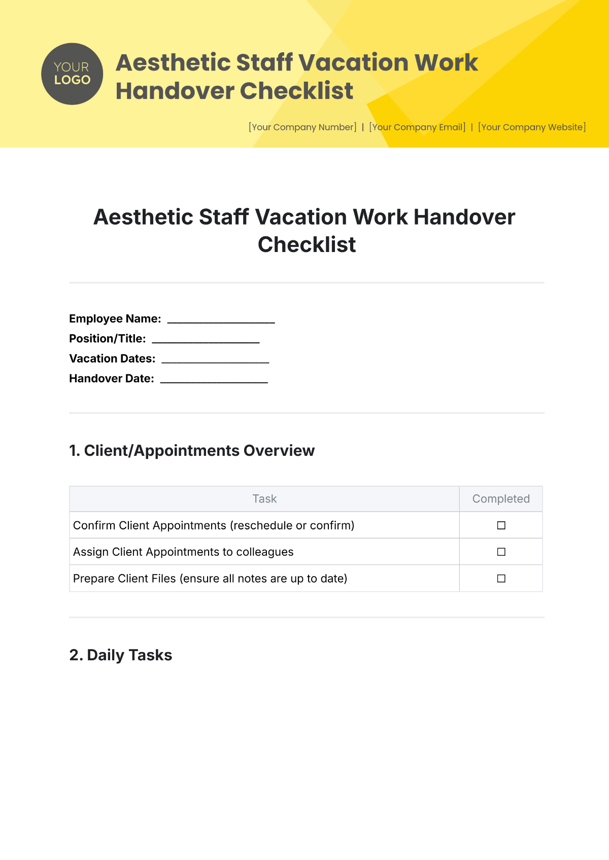 Aesthetic Staff Vacation Work Handover Checklist Template - Edit Online & Download