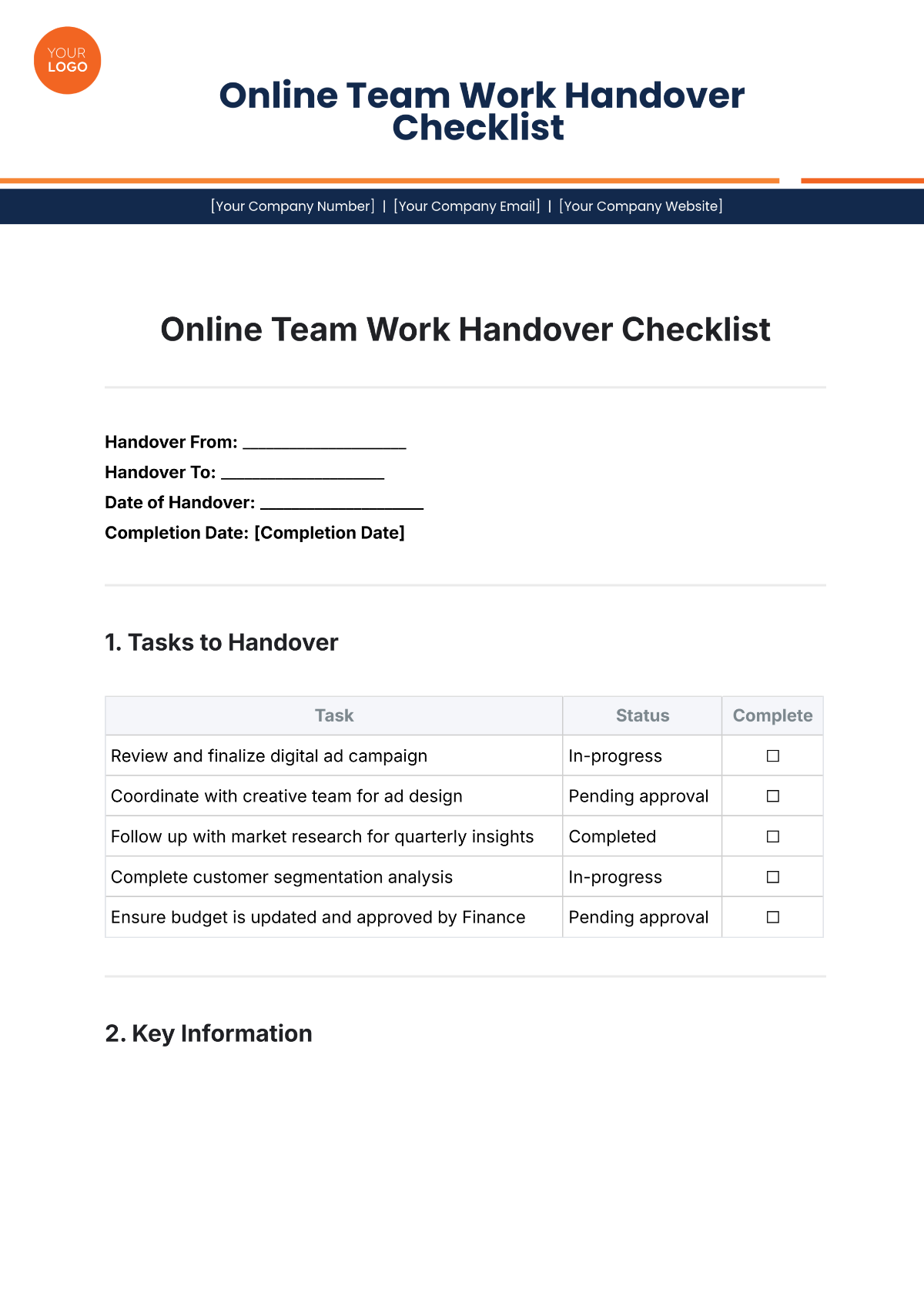 Online Team Work Handover Checklist Template - Edit Online & Download