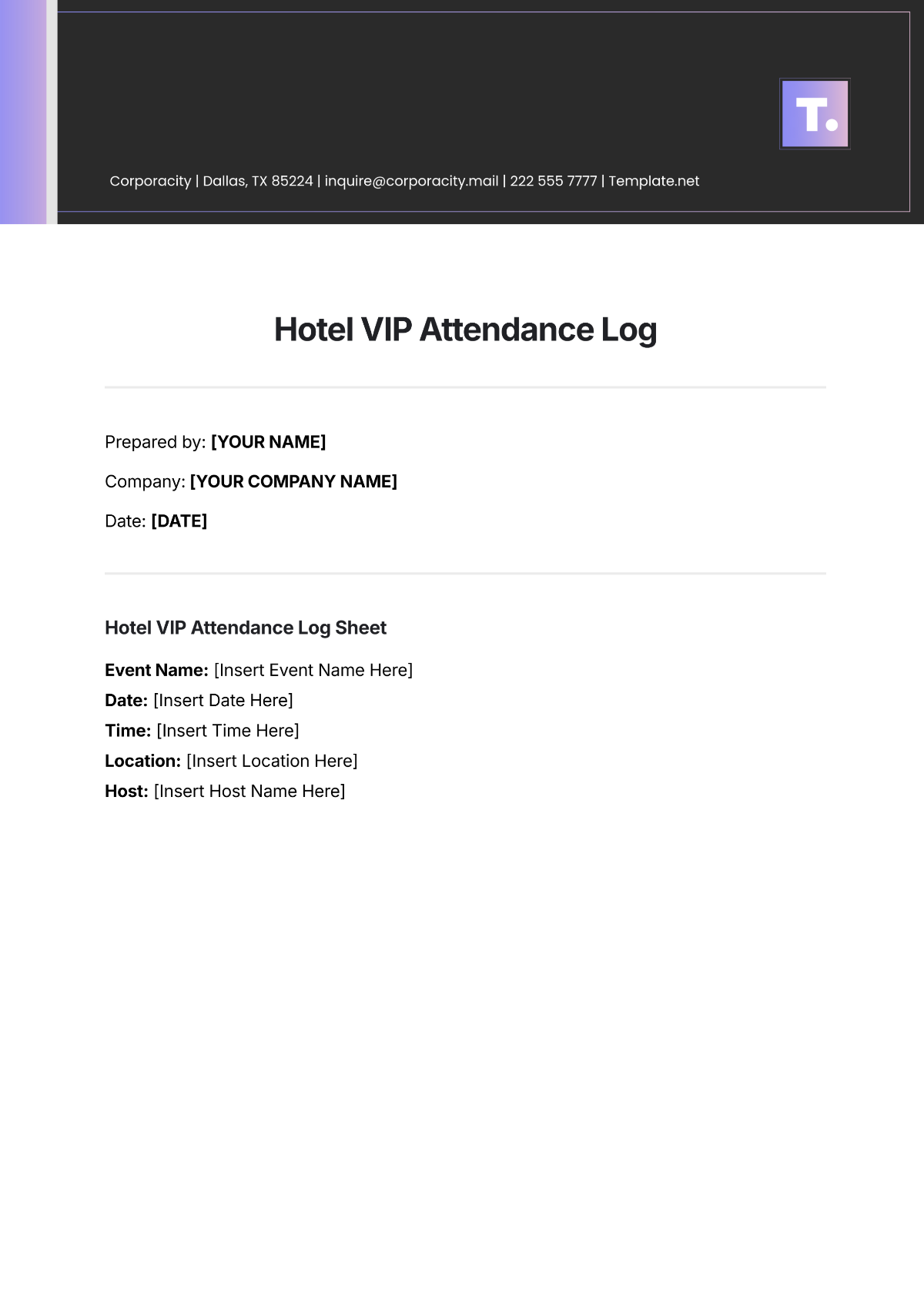 Hotel VIP Attendance Log Template - Edit Online & Download