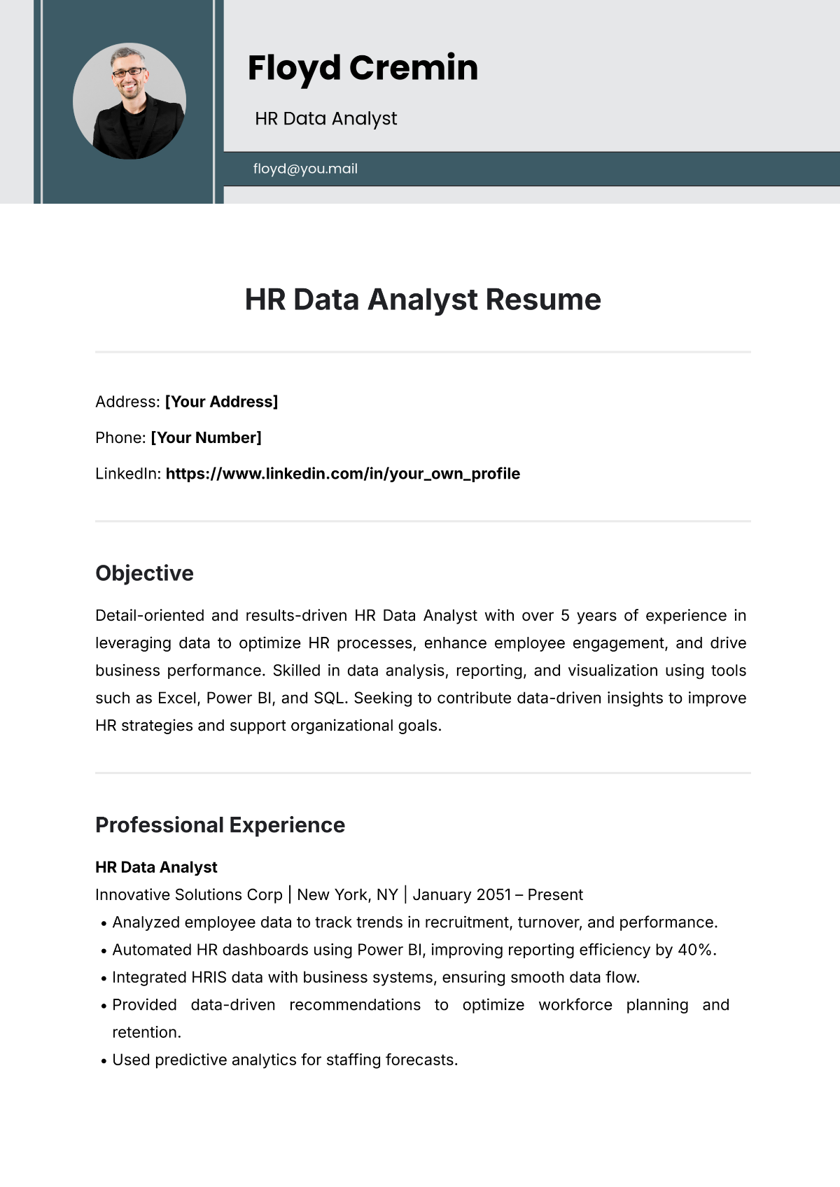 Free HR Data Analyst Resume Template