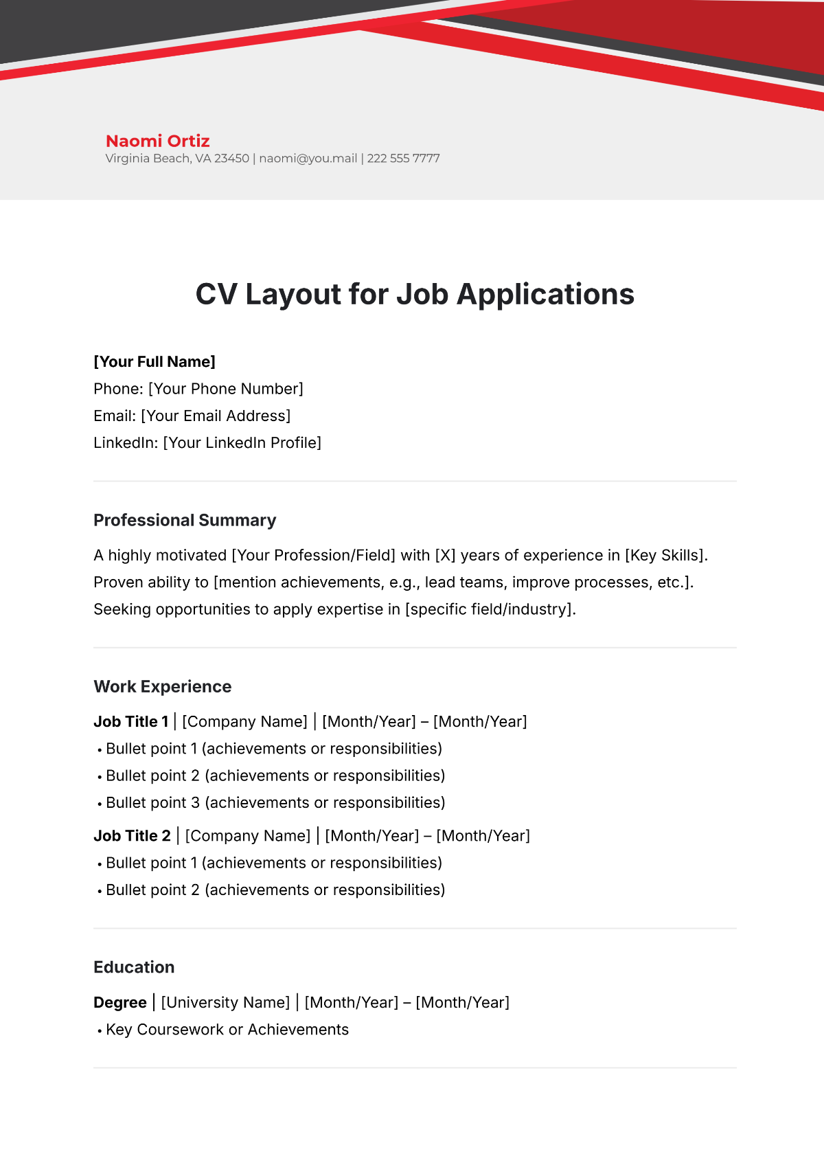 Free CV Layout for Job Applications Template