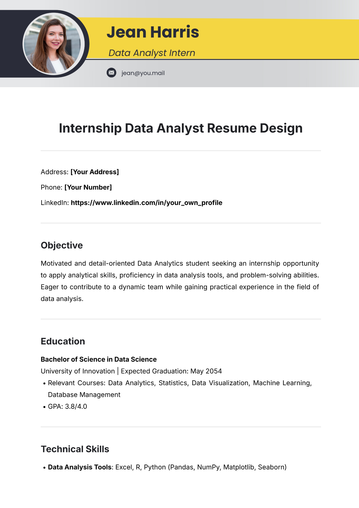 Free Internship Data Analyst Resume Design Template