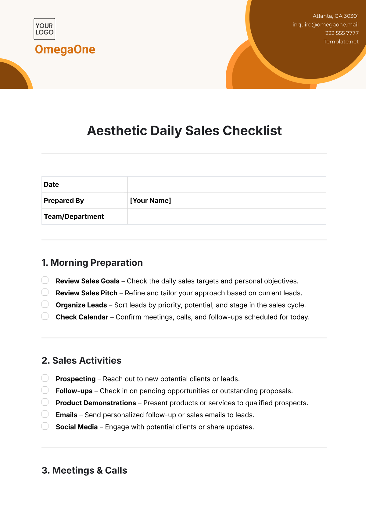 Aesthetic Daily Sales Checklist Template - Edit Online & Download