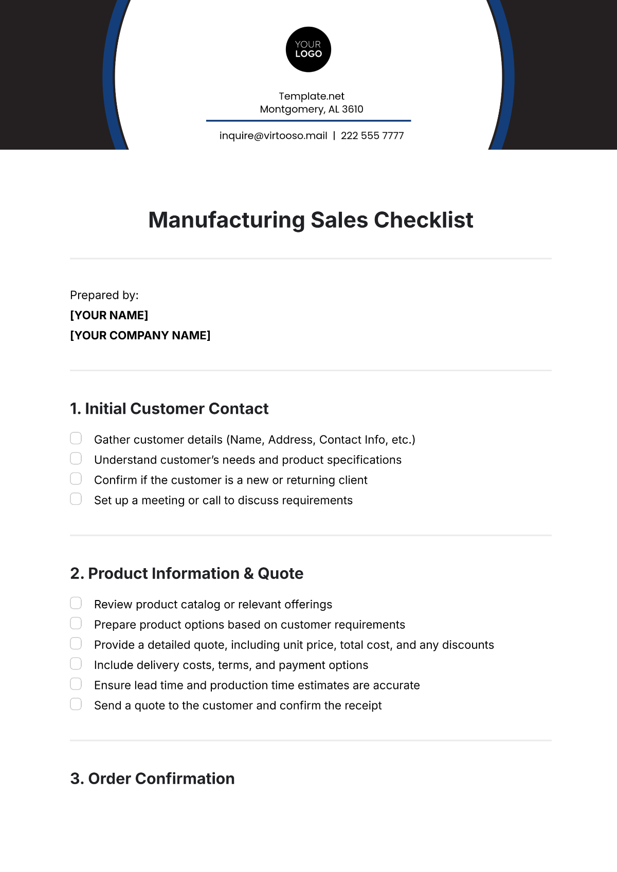 Manufacturing Sales Checklist Template - Edit Online & Download