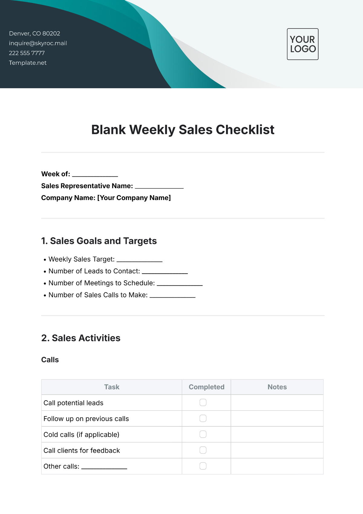 Blank Weekly Sales Checklist Template - Edit Online & Download