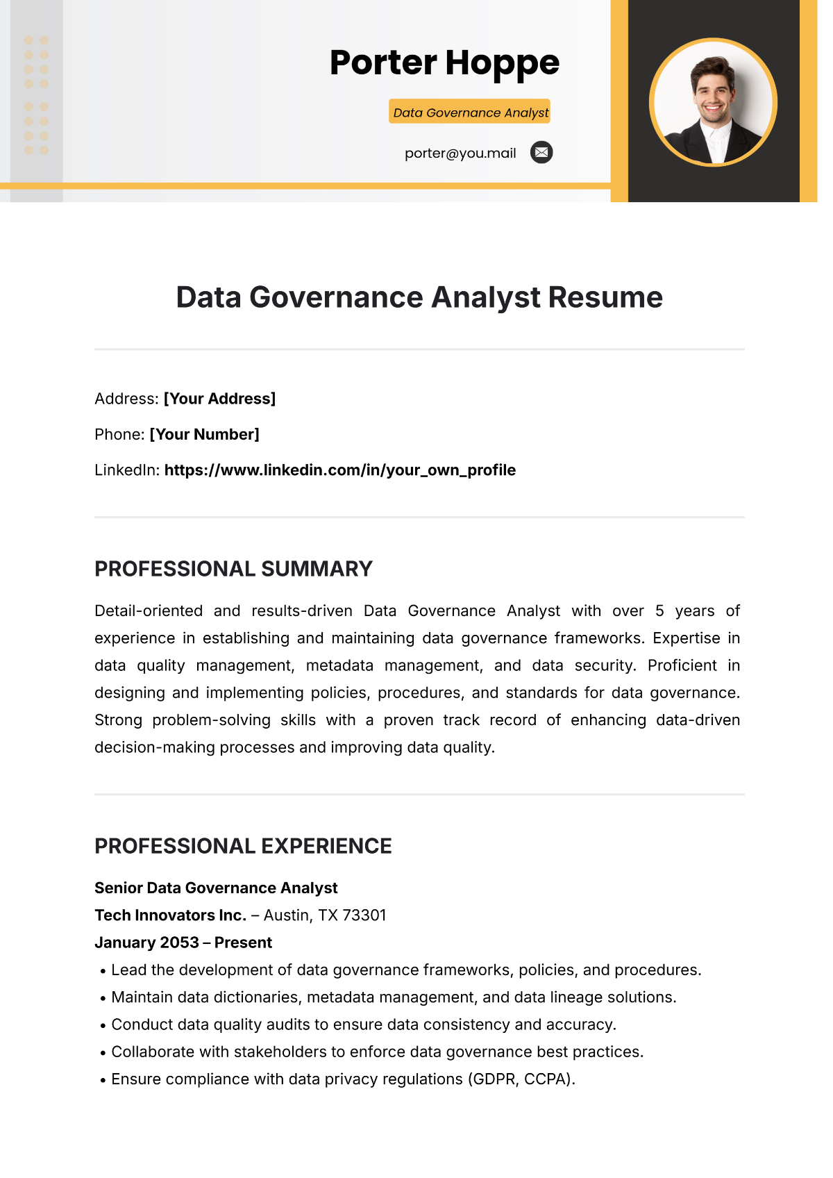 Free Data Governance Analyst Resume Template