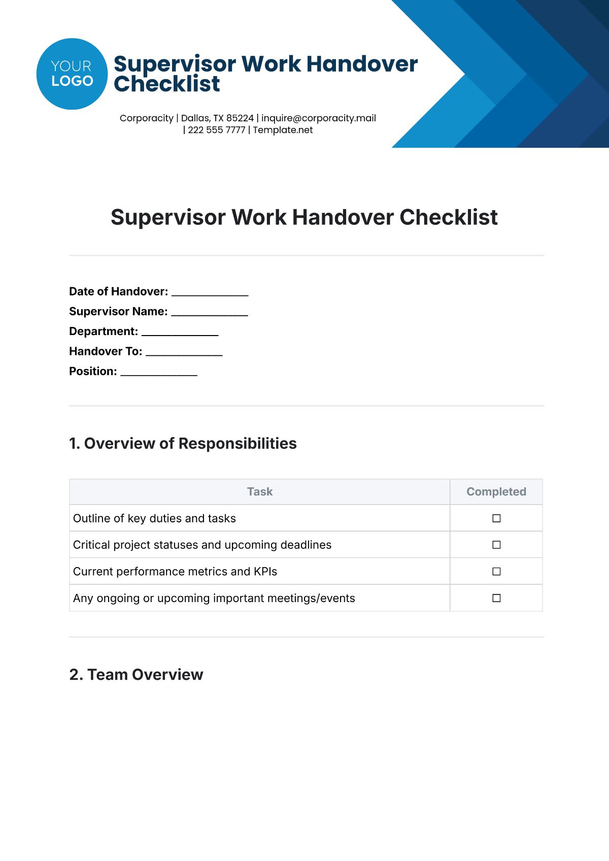 Supervisor Work Handover Checklist Template - Edit Online & Download