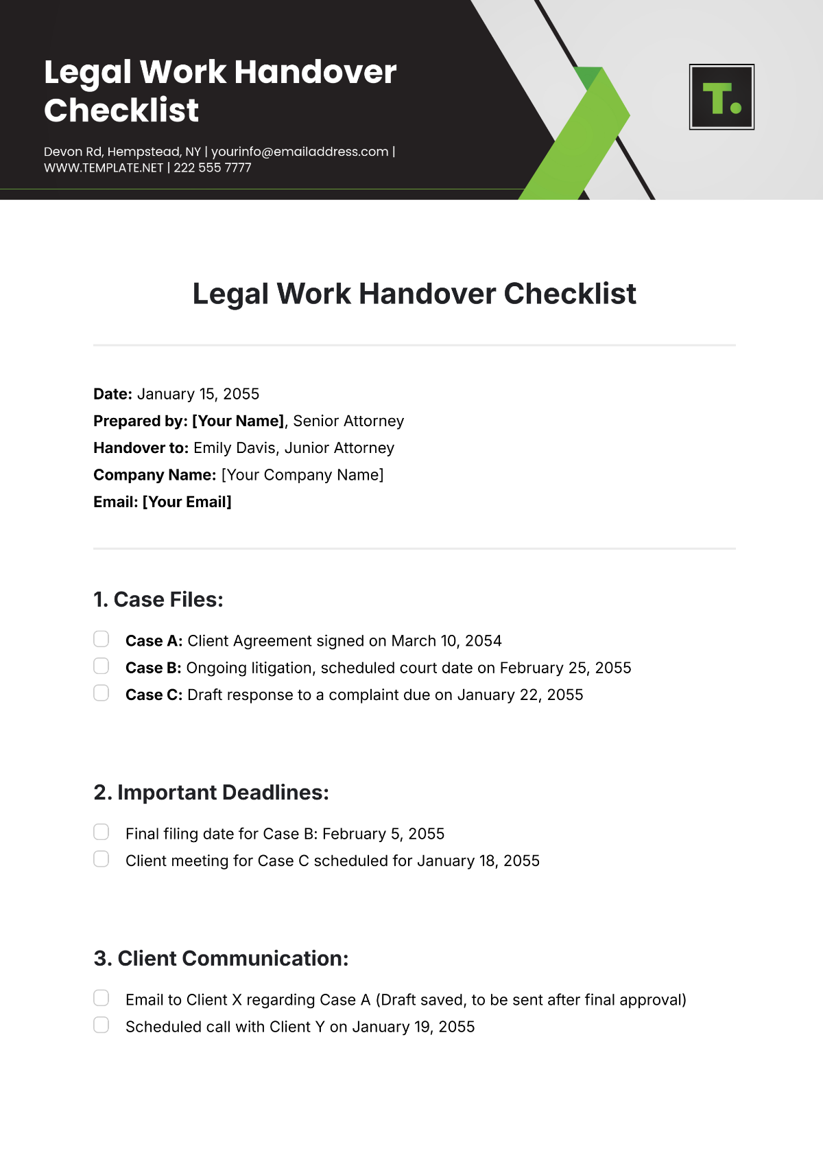 Legal Work Handover Checklist Template - Edit Online & Download