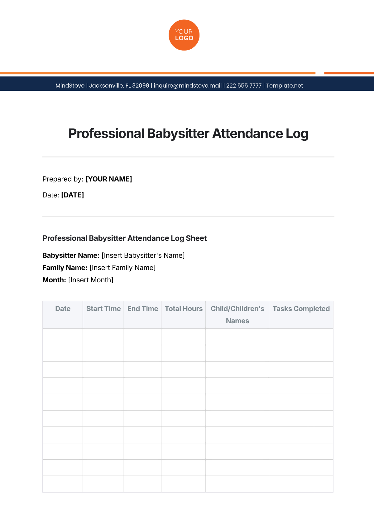 Professional Babysitter Attendance Log Template - Edit Online & Download