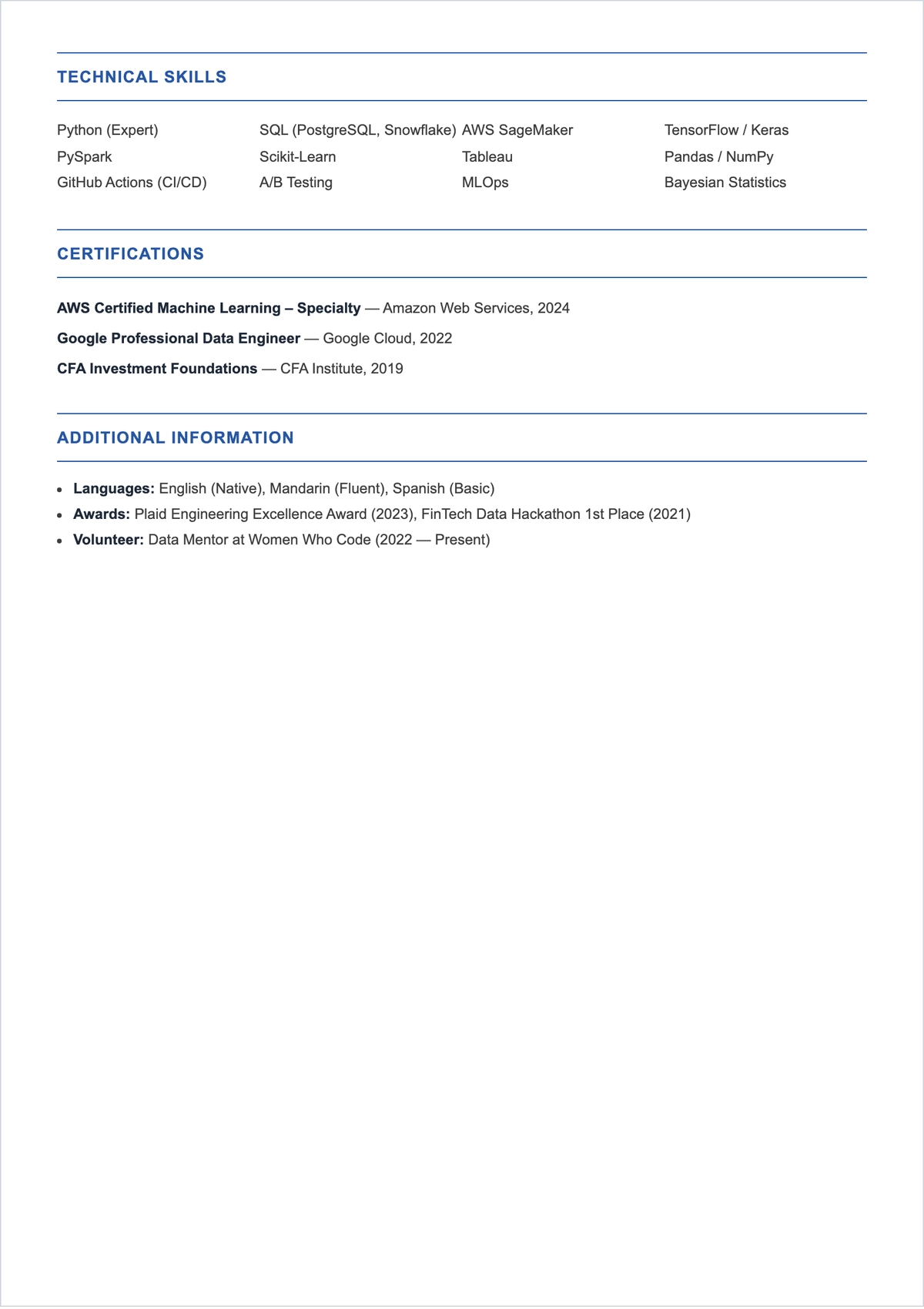Free AI and Machine Learning Data Analyst ATS Resume Template