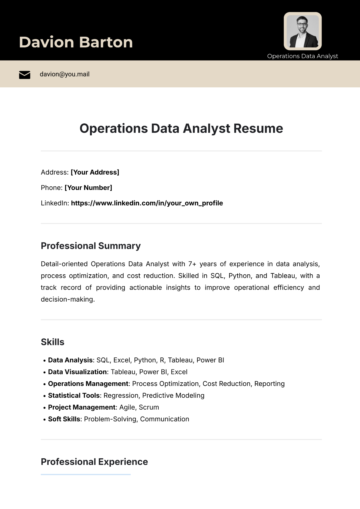 Free Operations Data Analyst Resume Template