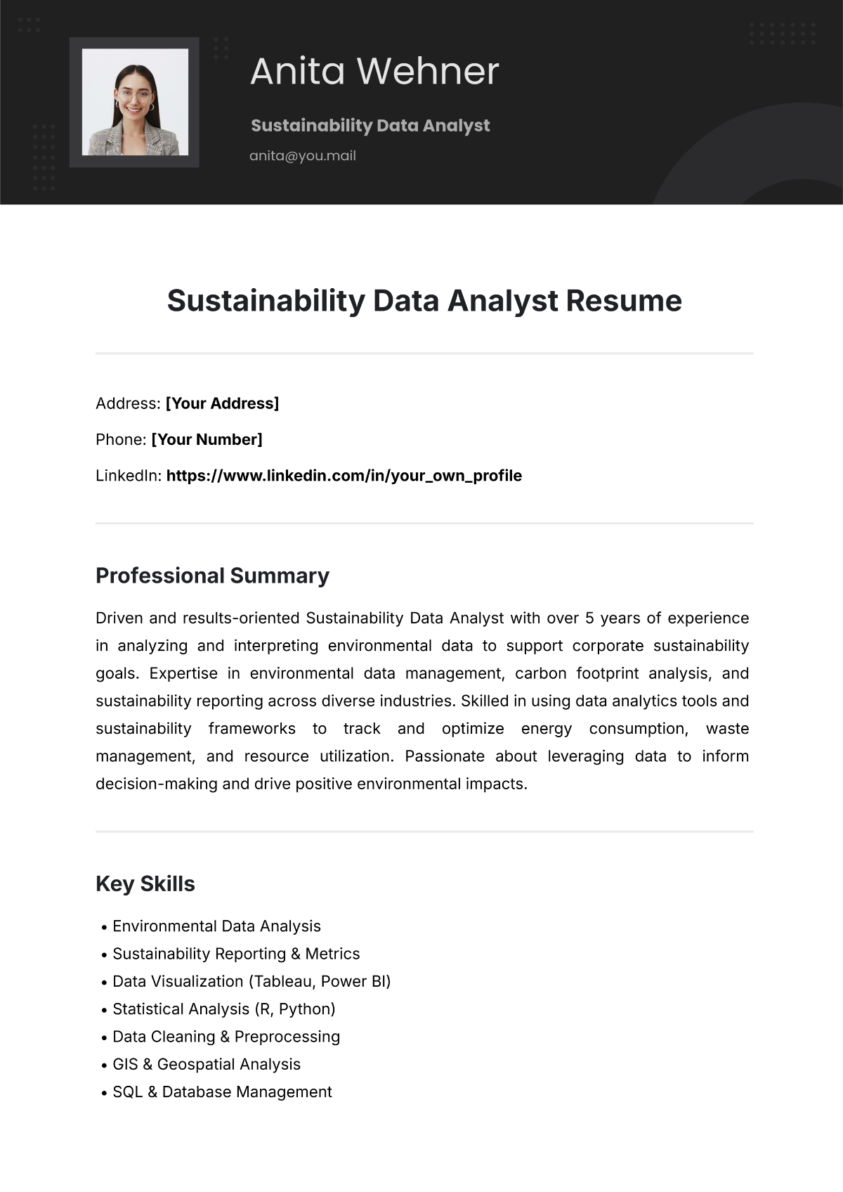 Free Sustainability Data Analyst Resume Template