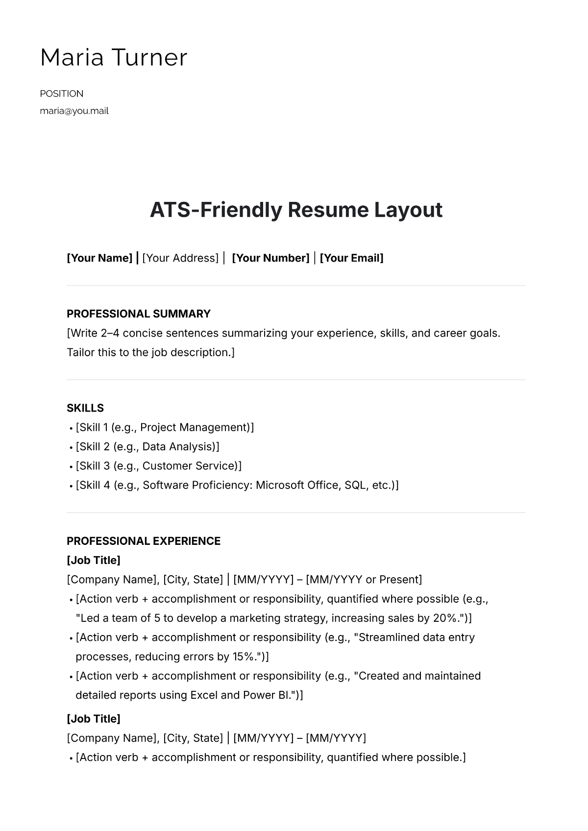 Free ATS-Friendly Resume Layout Template