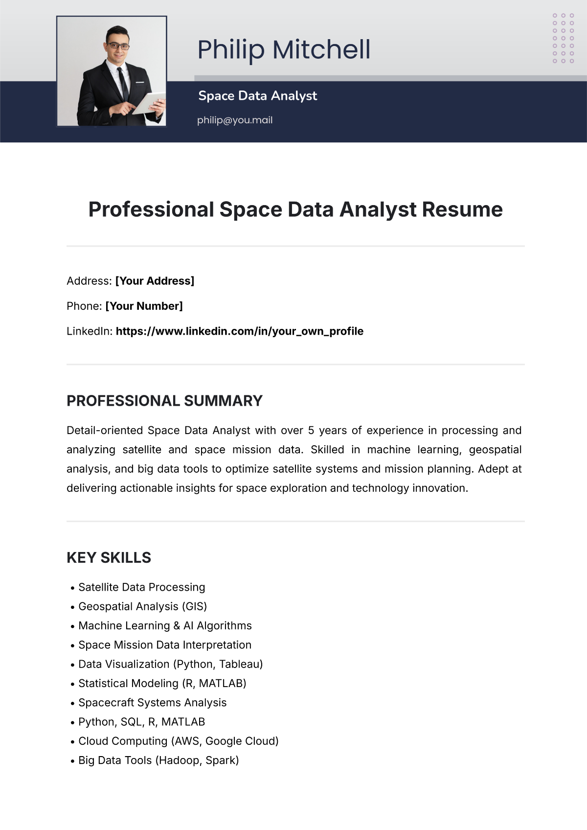 Free Space Data Analyst Resume Template