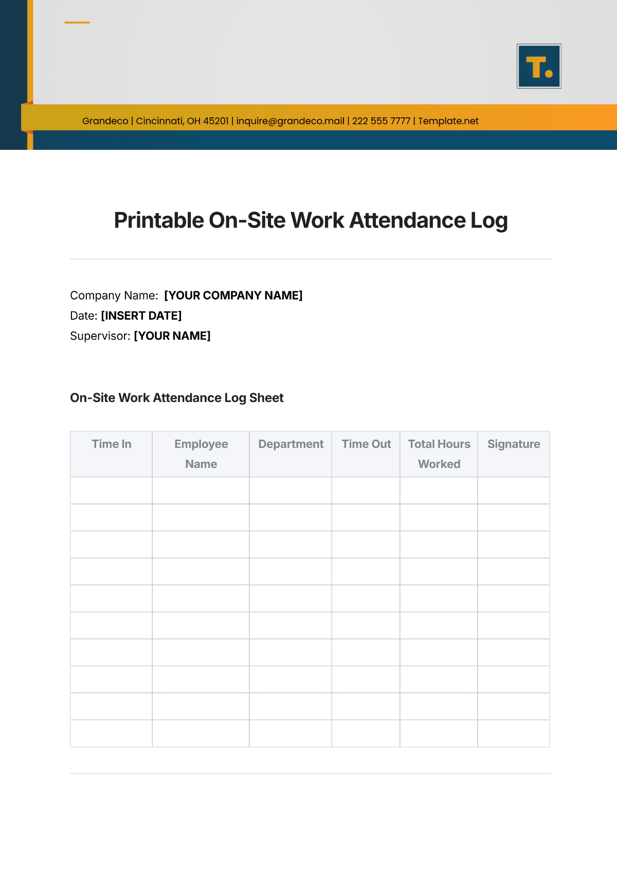 Printable On-Site Work Attendance Log Template - Edit Online & Download