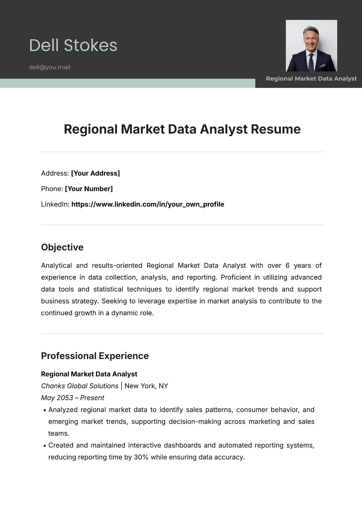 Free Regional Market Data Analyst Resume Template