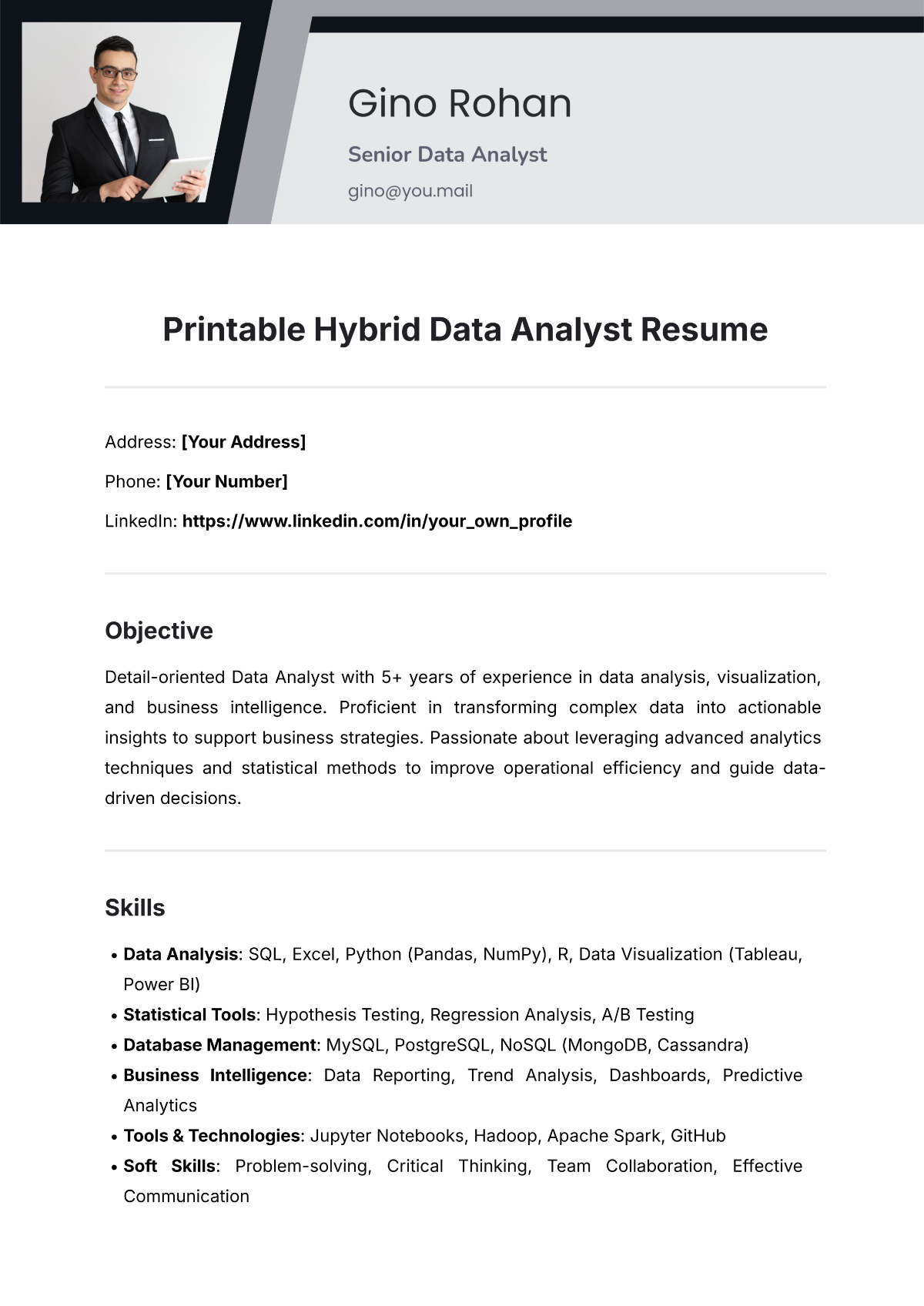 Free Printable Hybrid Data Analyst Resume Template