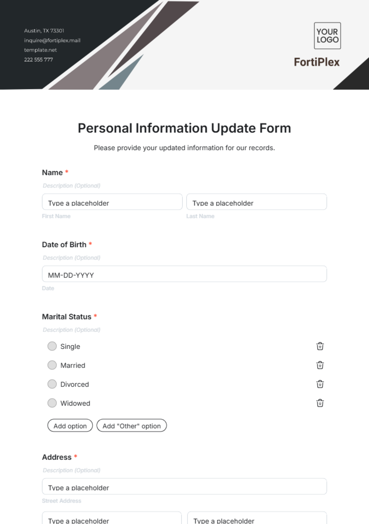 Free Personal Information Update Form Template