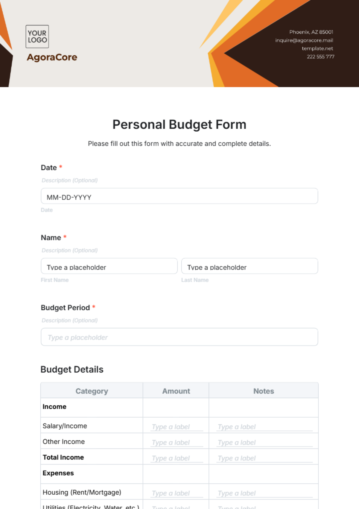 Free Personal Budget Form Template