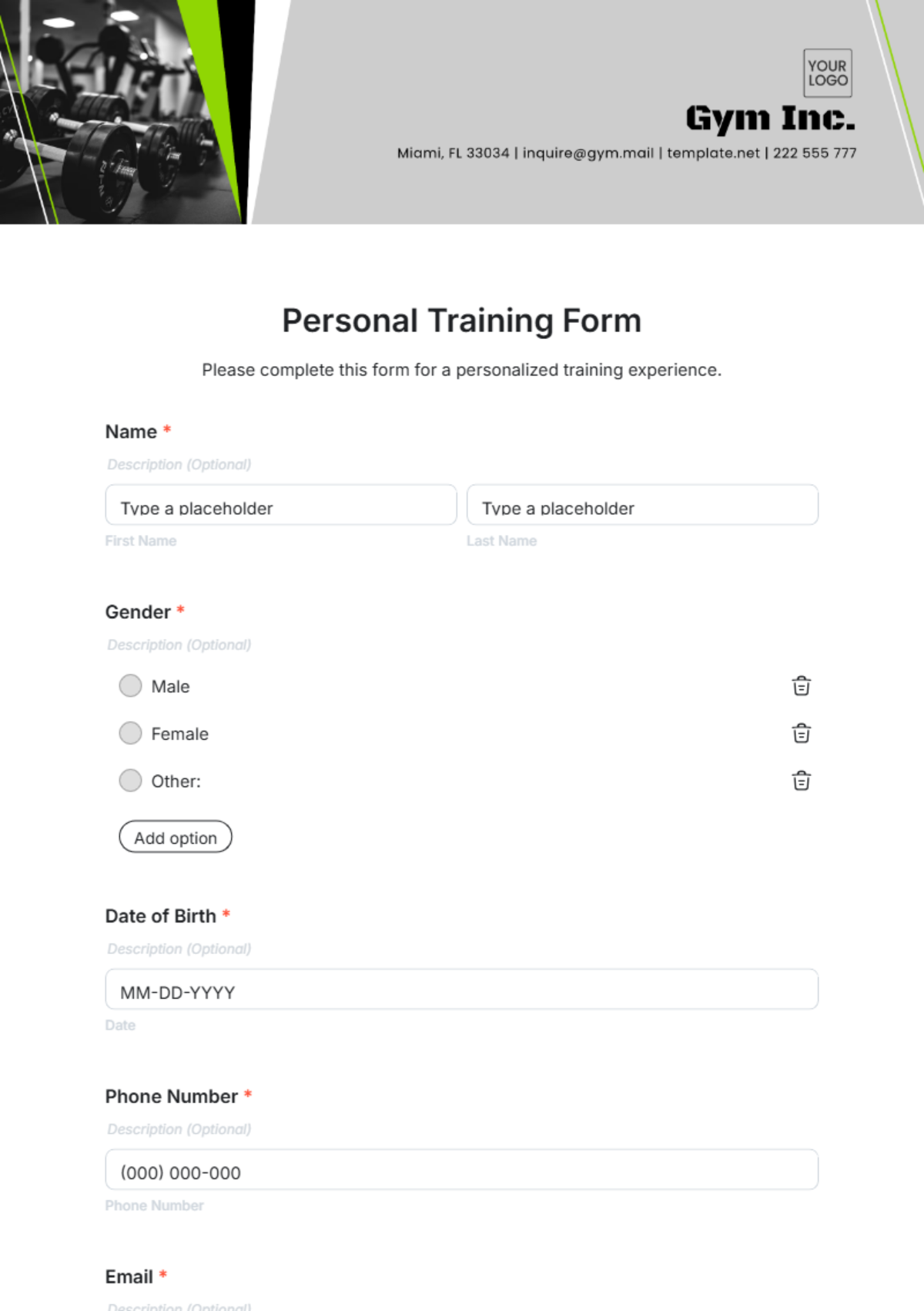 Free Personal Training Form Template