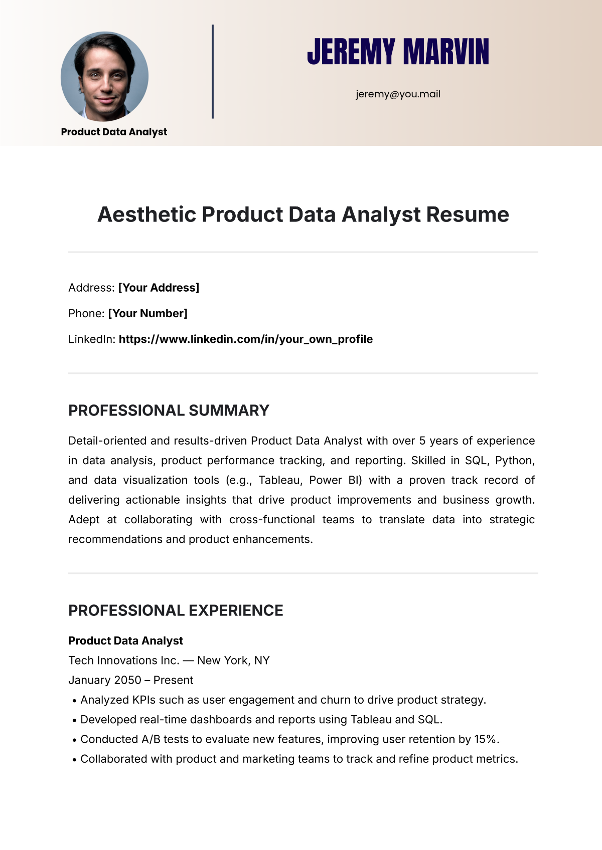 Free Aesthetic Product Data Analyst Resume Template