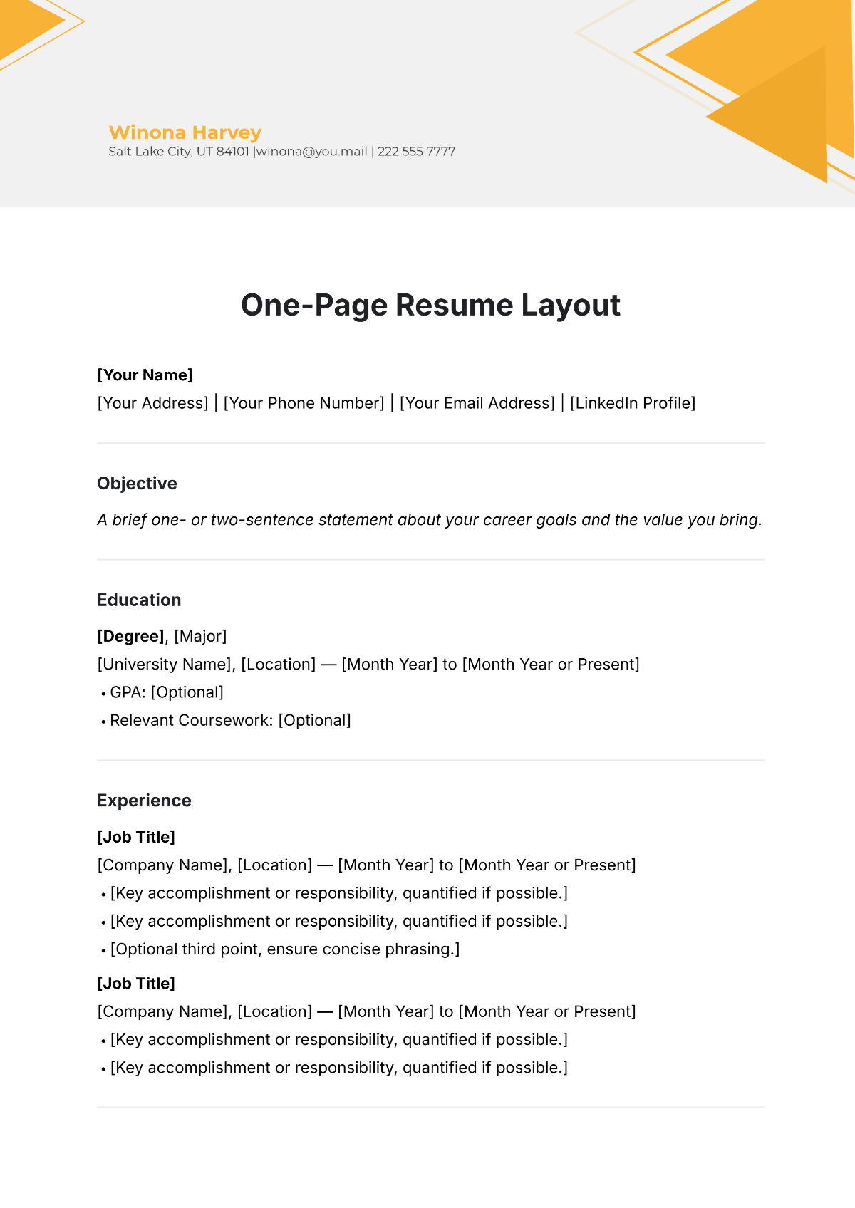 Free One-Page Resume Layout Template