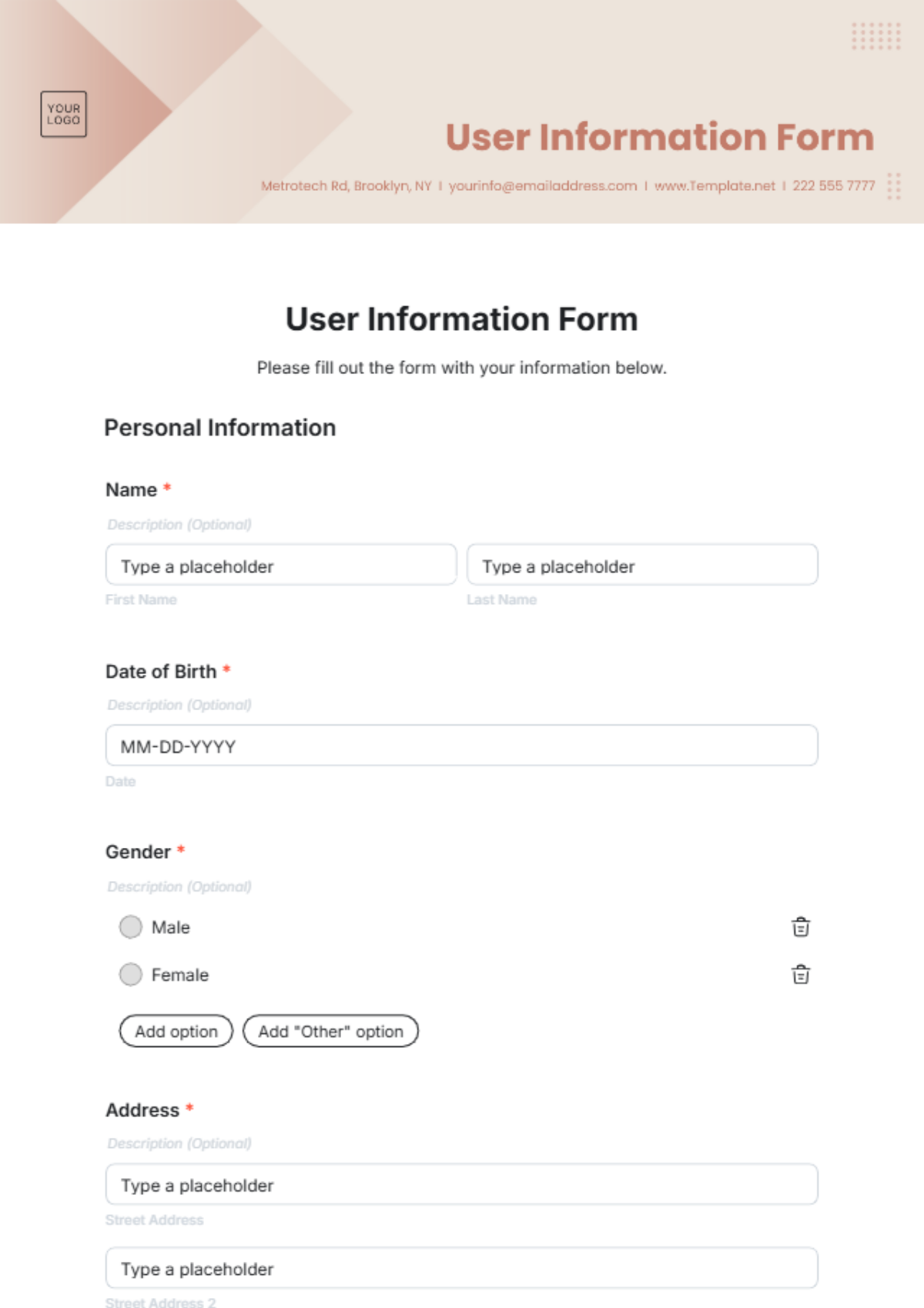 Free User Information Form Template