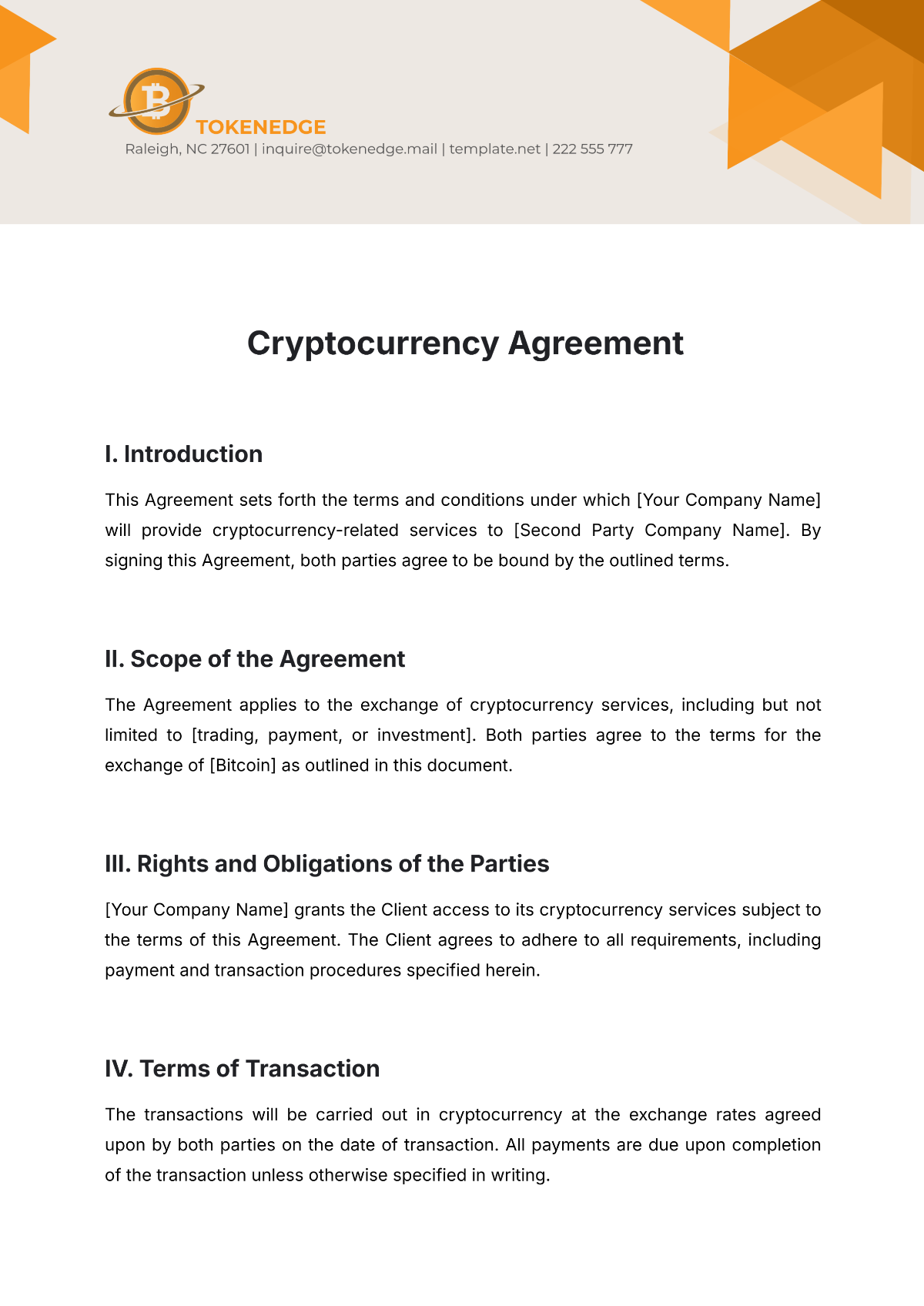 Free Cryptocurrency Agreement Template