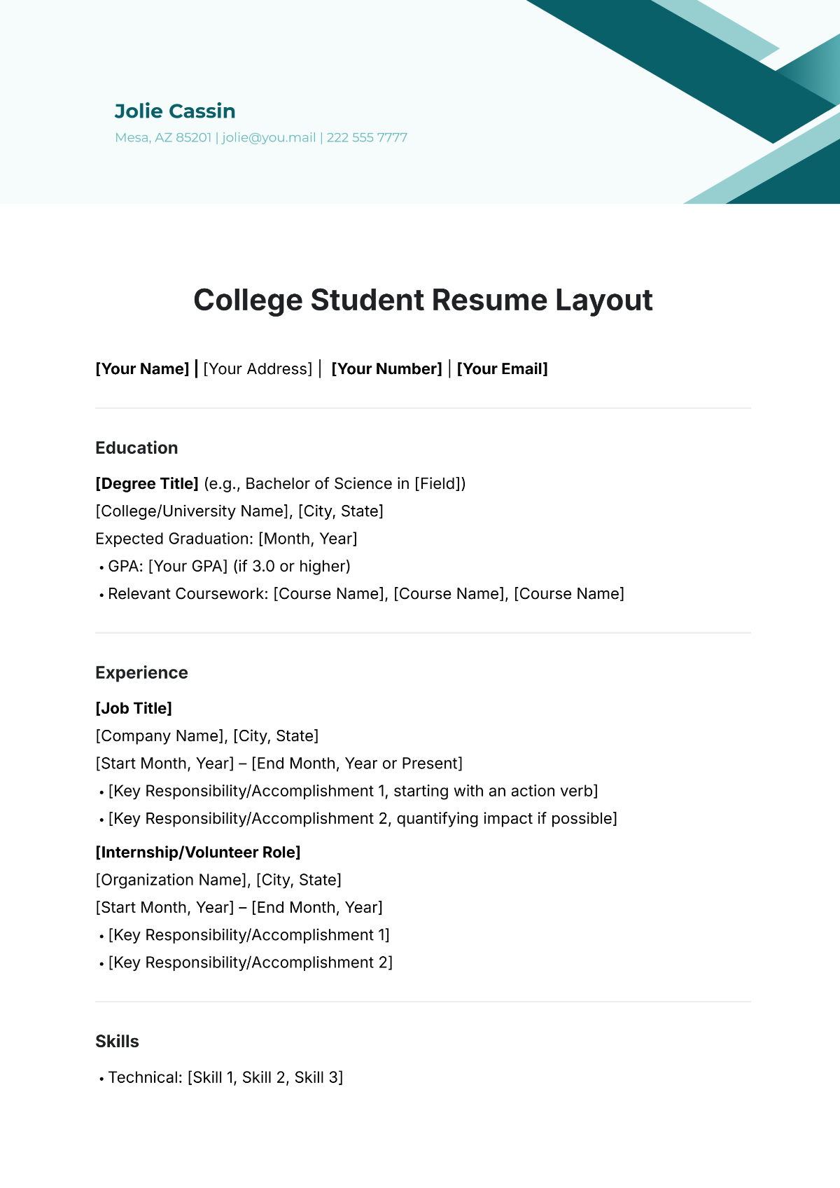 Free College Student Resume Layout Template