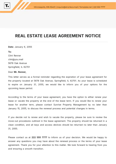 Free Real Estate Lease Agreement Notice Template to Edit Online