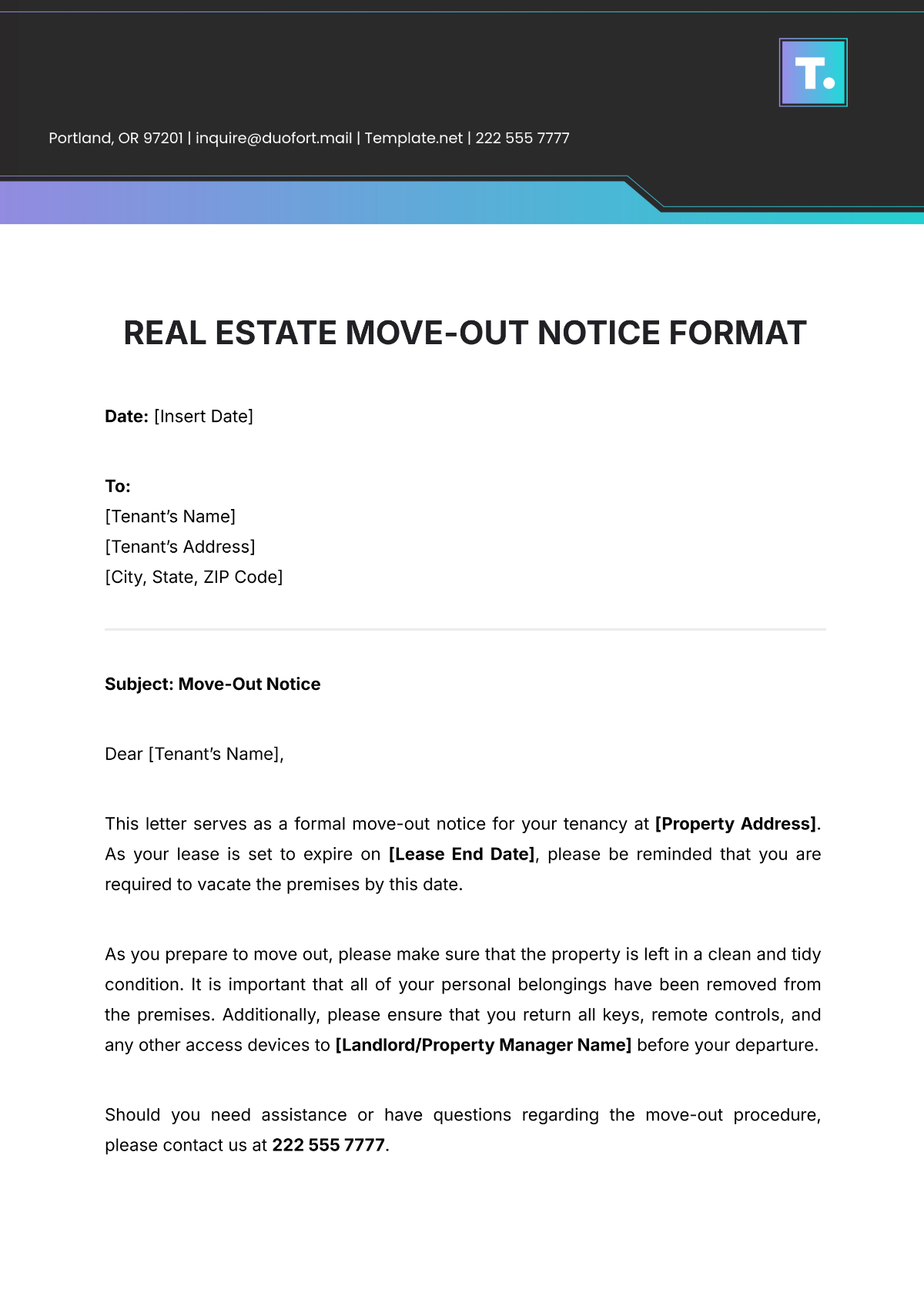 Free Real Estate Move-Out Notice Format Template