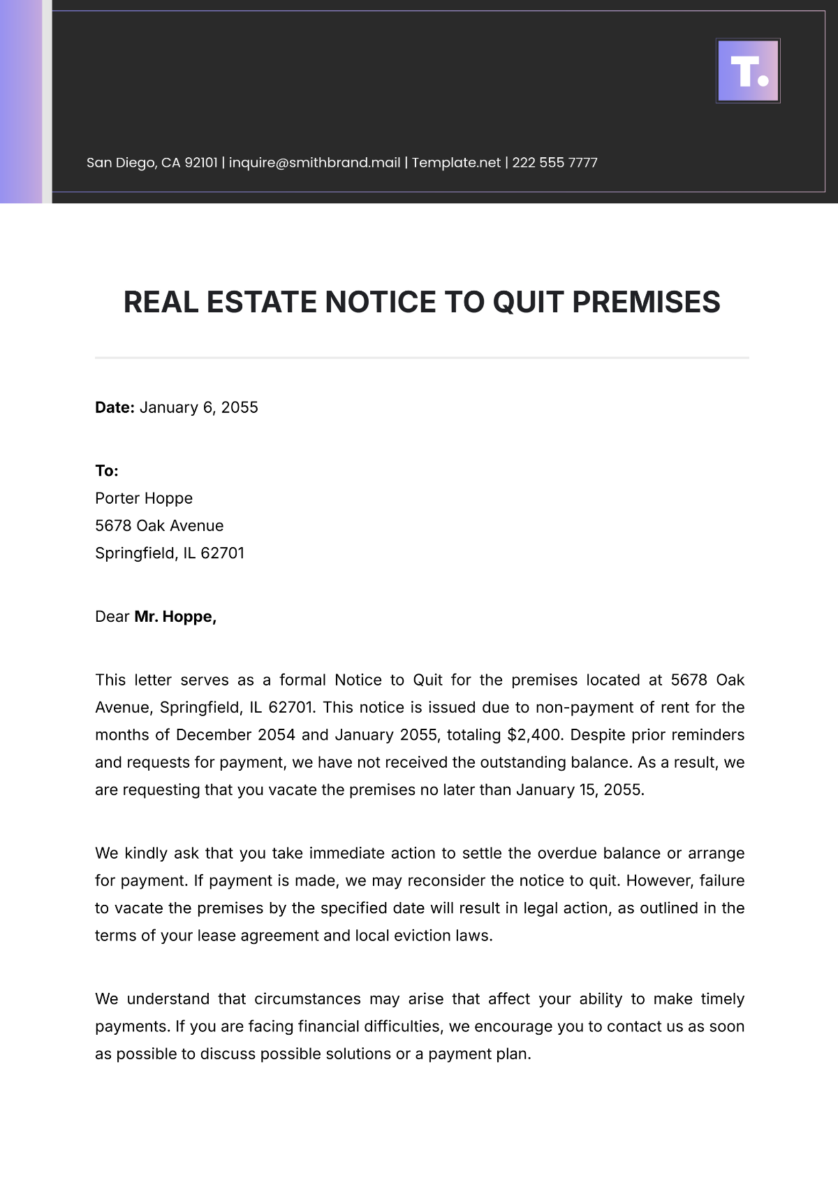 Free Real Estate Notice to Quit Premises Template