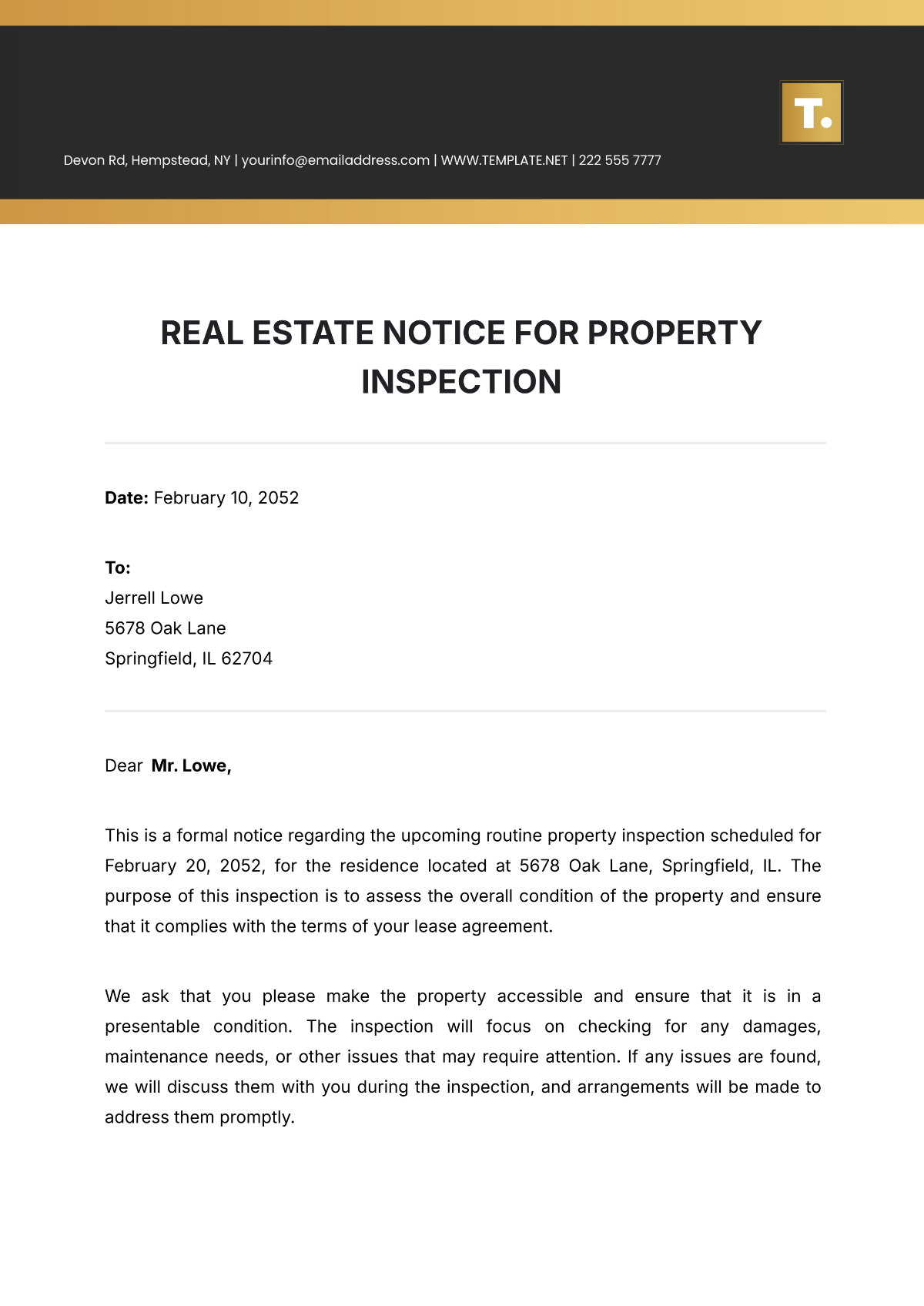 Free Real Estate Notice for Property Inspection Template - Edit Online ...