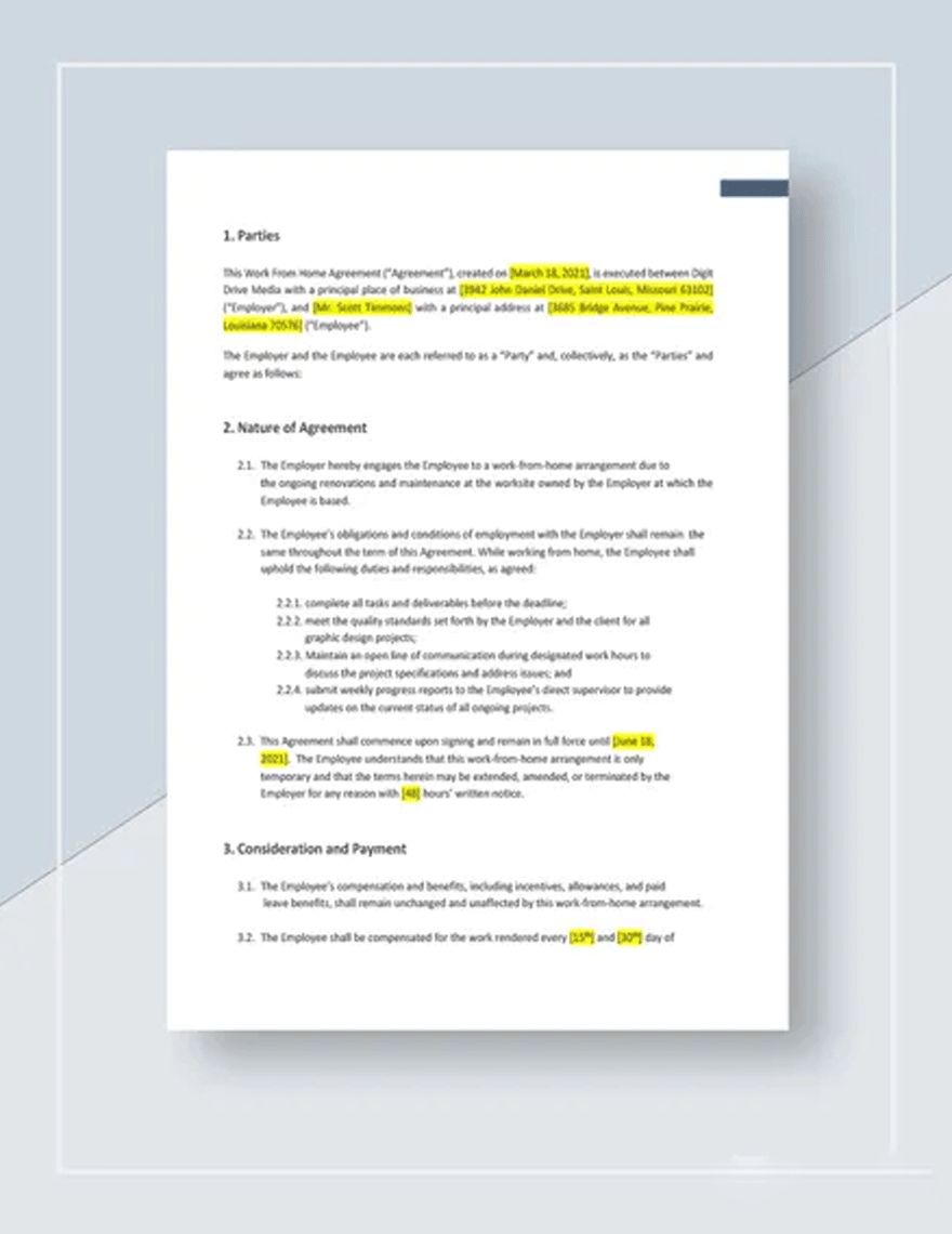 Sample Work From Home Agreement Template