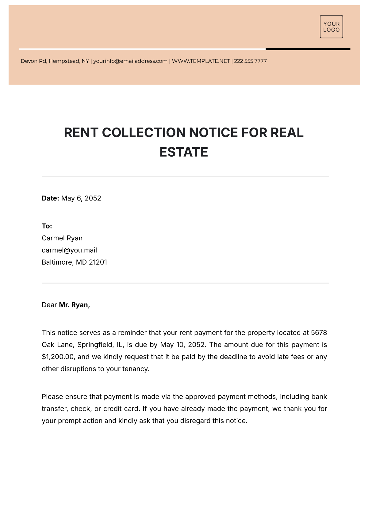 Free Rent Collection Notice for Real Estate Template