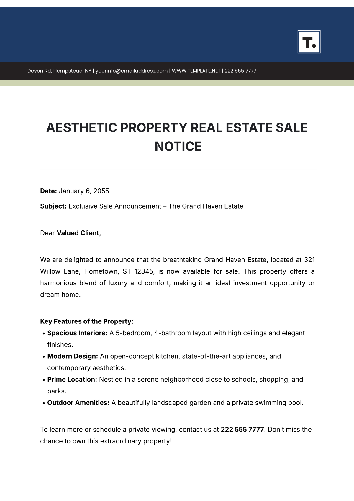 Free Aesthetic Property Real Estate Sale Notice Template