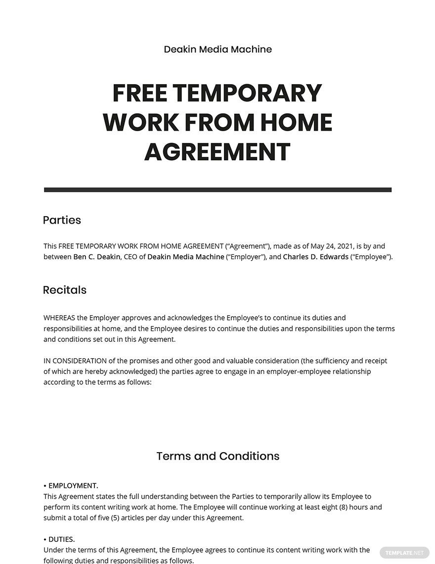 Temporary Work From Home Agreement Template