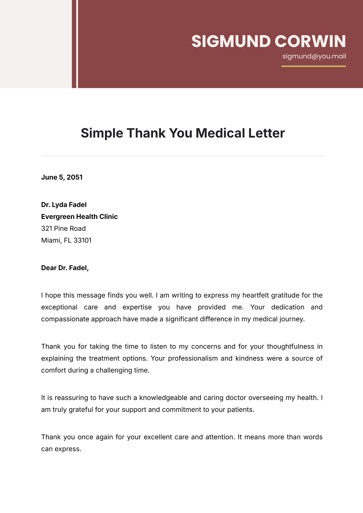 Simple Thank You Medical Letter to Doctor Template