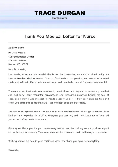 Free Thank You Medical Letter for Nurse Template to Edit Online