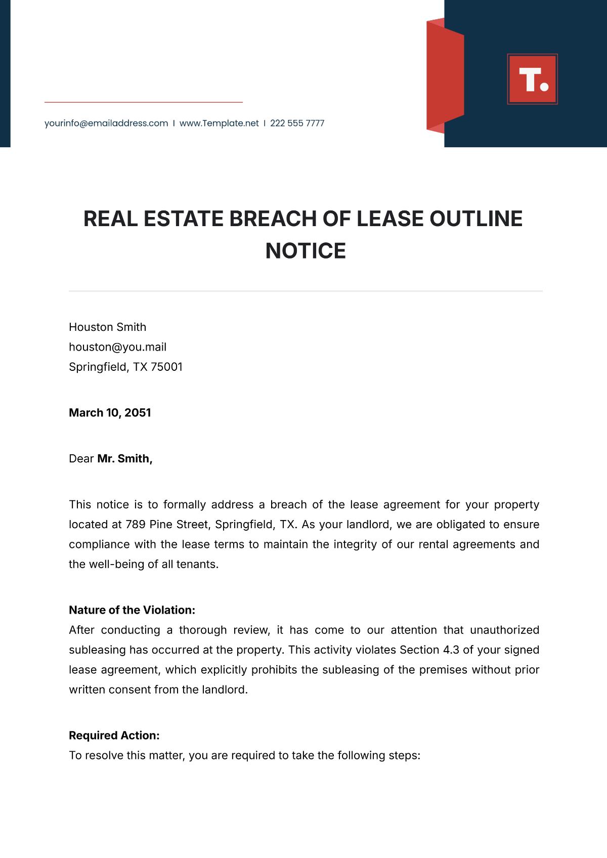 Free Real Estate Breach of Lease Outline Notice Template