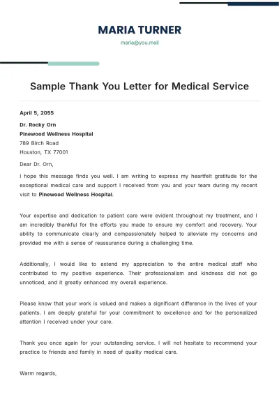 Free Sample Thank You Letter for Medical Service Template to Edit Online