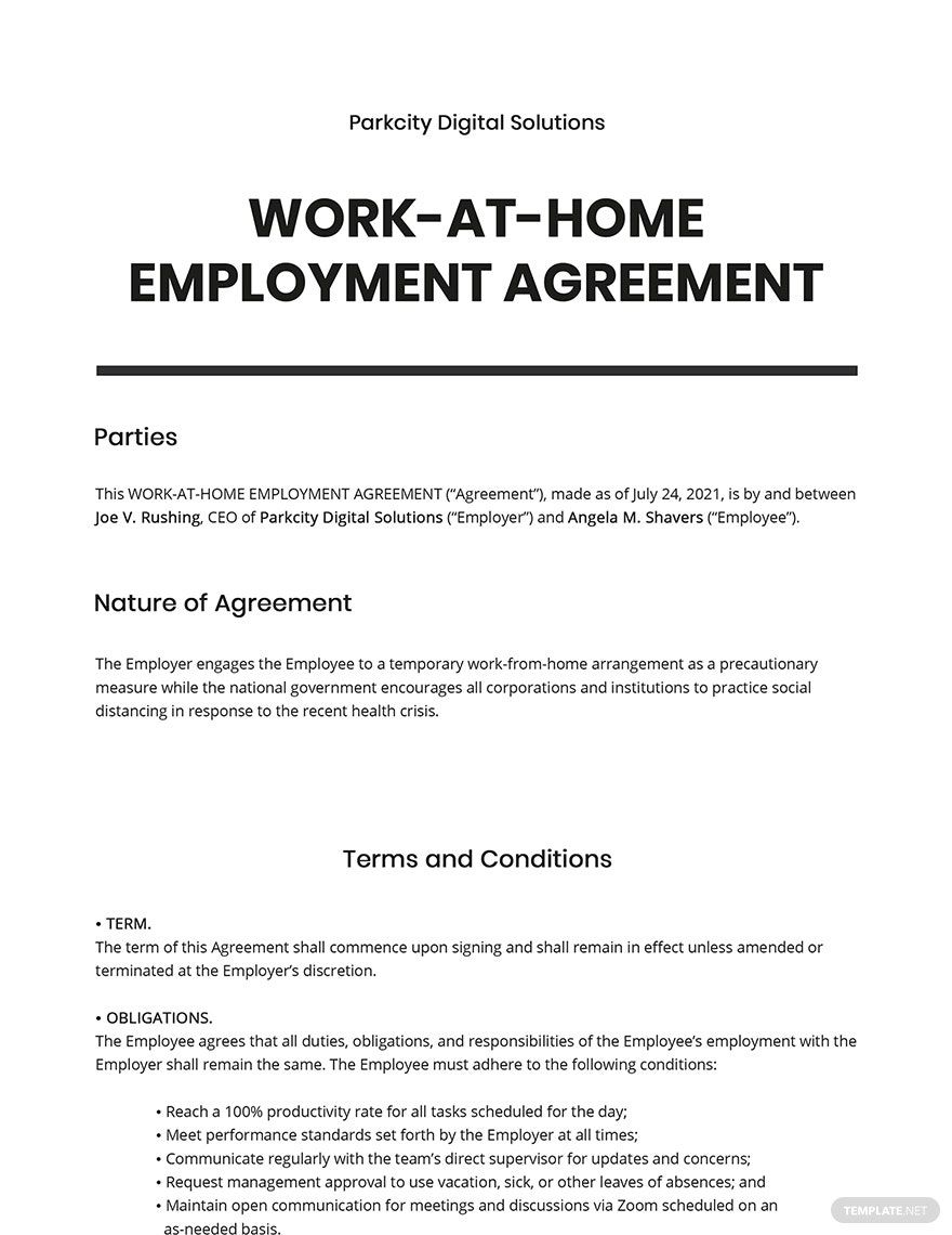 Work-At-Home Employment Agreement Template