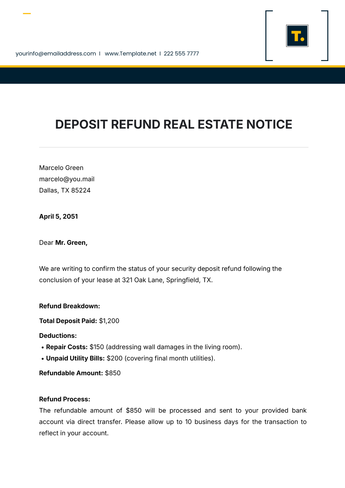 Free Deposit Refund Real Estate Notice Template