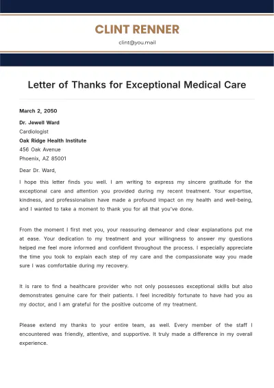 Free Letter of Thanks for Exceptional Medical Care Template to Edit Online