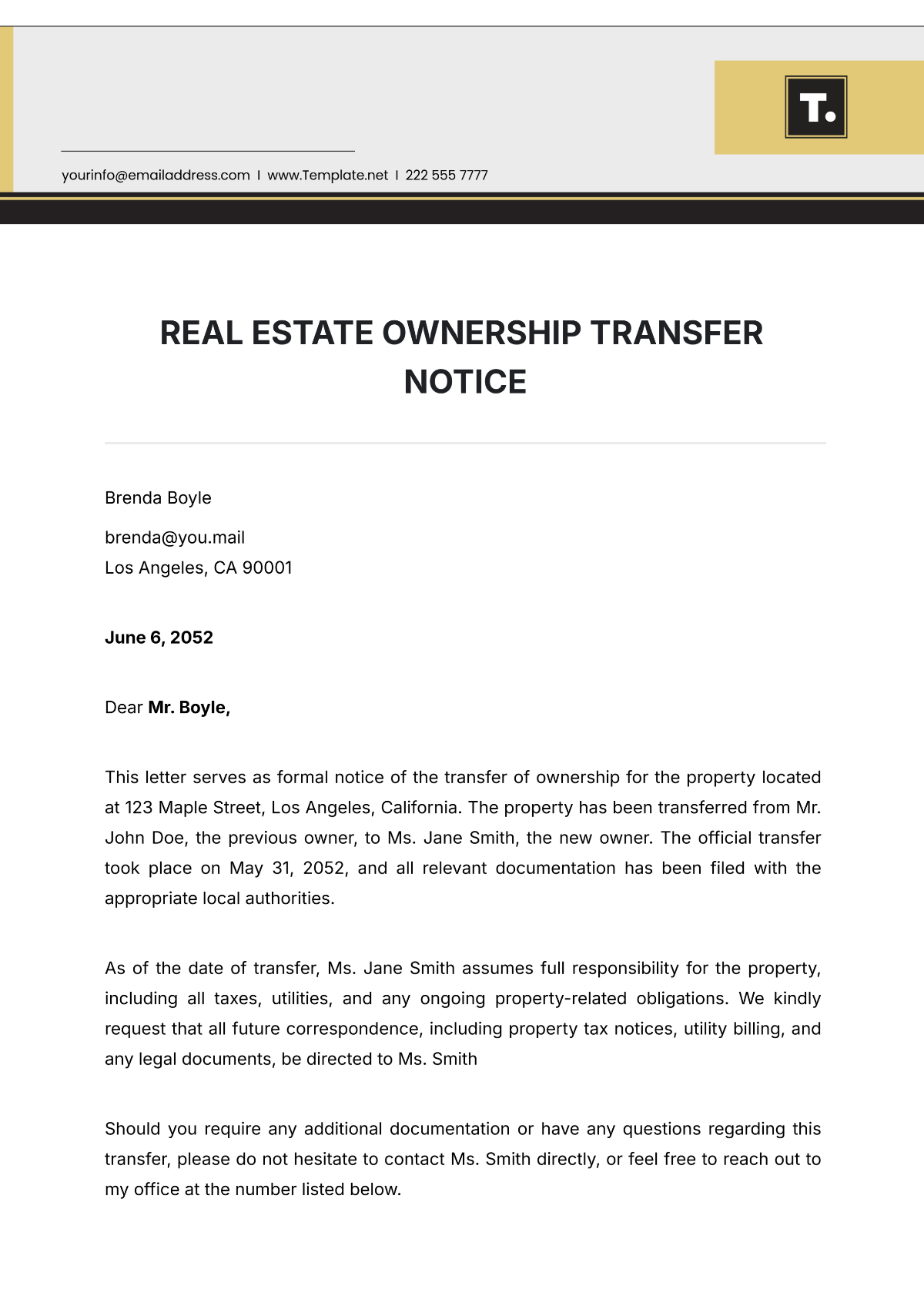 Free Real Estate Ownership Transfer Notice Template